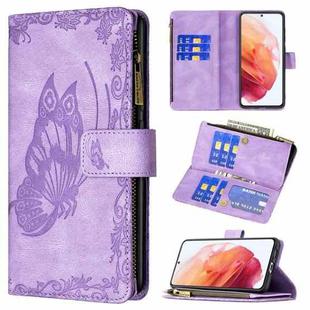 For Samsung Galaxy S21 5G Flying Butterfly Embossing Pattern Zipper Horizontal Flip Leather Case with Holder & Card Slots & Wallet(Purple)