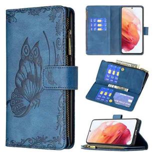 For Samsung Galaxy S21 5G Flying Butterfly Embossing Pattern Zipper Horizontal Flip Leather Case with Holder & Card Slots & Wallet(Blue)