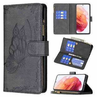 For Samsung Galaxy S21 5G Flying Butterfly Embossing Pattern Zipper Horizontal Flip Leather Case with Holder & Card Slots & Wallet(Black)