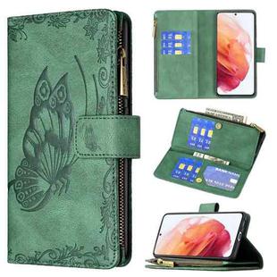 For Samsung Galaxy S21 5G Flying Butterfly Embossing Pattern Zipper Horizontal Flip Leather Case with Holder & Card Slots & Wallet(Green)