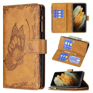 For Samsung Galaxy S21 Ultra 5G Flying Butterfly Embossing Pattern Zipper Horizontal Flip Leather Case with Holder & Card Slots & Wallet(Brown)