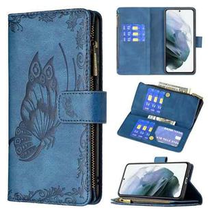 For Samsung Galaxy S21 FE Flying Butterfly Embossing Pattern Zipper Horizontal Flip Leather Case with Holder & Card Slots & Wallet(Blue)