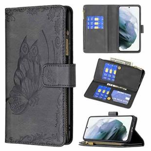 For Samsung Galaxy S21 FE Flying Butterfly Embossing Pattern Zipper Horizontal Flip Leather Case with Holder & Card Slots & Wallet(Black)