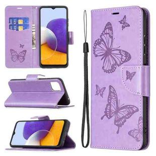 For Samsung Galaxy A22 5G Embossing Two Butterflies Pattern Horizontal Flip PU Leather Case with Holder & Card Slot & Wallet & Lanyard(Purple)