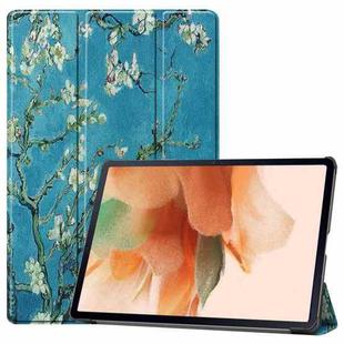For Samsung Galaxy Tab S7 Lite T730 / T735 / Tab S7 FE T736 Custer Painted PU Leather Case with Sleep / Wake-up Function & 3-Fold Holder(Apricot Blossom)