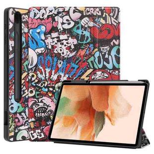 For Samsung Galaxy Tab S7 Lite T730 / T735 / Tab S7 FE T736 Custer Painted TPU Smart Tablet Leather Case with Sleep / Wake-up Function & 3-Fold Holder & Pen Slot(Graffiti)