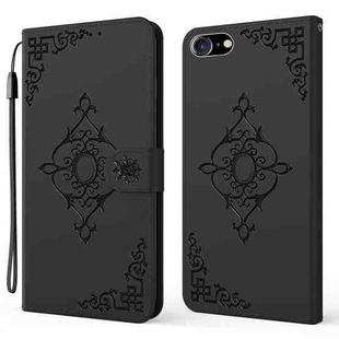 For iPhone SE 2022 / SE 2020 / 8 / 7 Embossed Fortune Flower Pattern Horizontal Flip Leather Case with Holder & Card Slot & Wallet & Lanyard(Black)