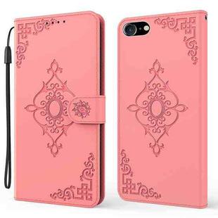 For iPhone SE 2022 / SE 2020 / 8 / 7 Embossed Fortune Flower Pattern Horizontal Flip Leather Case with Holder & Card Slot & Wallet & Lanyard(Pink)