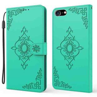 For iPhone SE 2022 / SE 2020 / 8 / 7 Embossed Fortune Flower Pattern Horizontal Flip Leather Case with Holder & Card Slot & Wallet & Lanyard(Green)