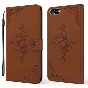 For iPhone SE 2022 / SE 2020 / 8 / 7 Embossed Fortune Flower Pattern Horizontal Flip Leather Case with Holder & Card Slot & Wallet & Lanyard(Brown)