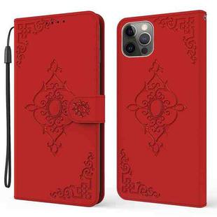 For iPhone 12 / 12 Pro Embossed Fortune Flower Pattern Horizontal Flip Leather Case with Holder & Card Slot & Wallet & Lanyard(Red)