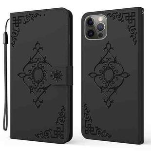For iPhone 12 / 12 Pro Embossed Fortune Flower Pattern Horizontal Flip Leather Case with Holder & Card Slot & Wallet & Lanyard(Black)