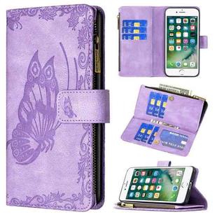 For iPhone 8 / 7 Flying Butterfly Embossing Pattern Zipper Horizontal Flip Leather Case with Holder & Card Slots & Wallet(Purple)