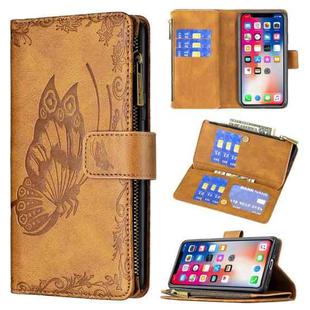 For iPhone X / XS Flying Butterfly Embossing Pattern Zipper Horizontal Flip Leather Case with Holder & Card Slots & Wallet(Brown)