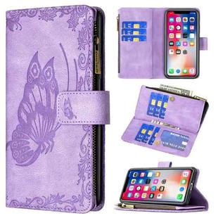 For iPhone X / XS Flying Butterfly Embossing Pattern Zipper Horizontal Flip Leather Case with Holder & Card Slots & Wallet(Purple)