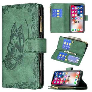 For iPhone X / XS Flying Butterfly Embossing Pattern Zipper Horizontal Flip Leather Case with Holder & Card Slots & Wallet(Green)