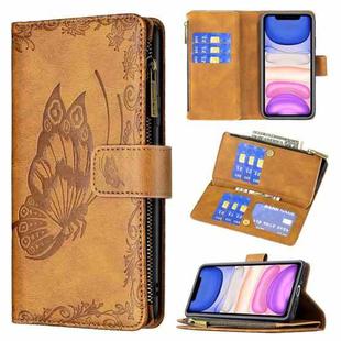 For iPhone 11 Flying Butterfly Embossing Pattern Zipper Horizontal Flip Leather Case with Holder & Card Slots & Wallet(Brown)