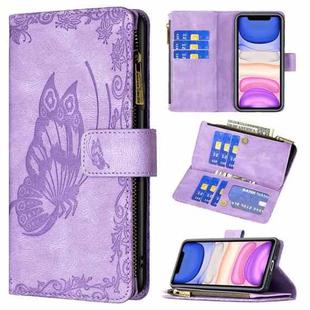 For iPhone 11 Flying Butterfly Embossing Pattern Zipper Horizontal Flip Leather Case with Holder & Card Slots & Wallet(Purple)