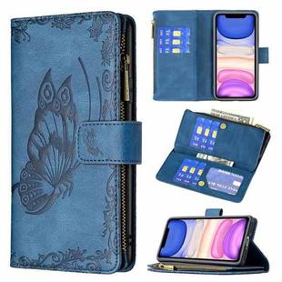 For iPhone 11 Flying Butterfly Embossing Pattern Zipper Horizontal Flip Leather Case with Holder & Card Slots & Wallet(Blue)