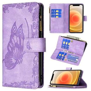 For iPhone 12 mini Flying Butterfly Embossing Pattern Zipper Horizontal Flip Leather Case with Holder & Card Slots & Wallet(Purple)