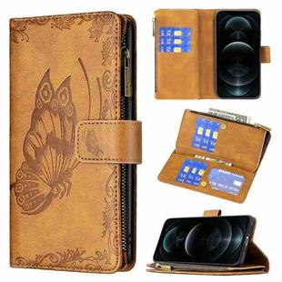 For iPhone 12 Flying Butterfly Embossing Pattern Zipper Horizontal Flip Leather Case with Holder & Card Slots & Wallet(Brown)