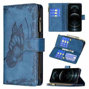 For iPhone 12 Flying Butterfly Embossing Pattern Zipper Horizontal Flip Leather Case with Holder & Card Slots & Wallet(Blue)