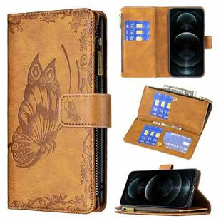 For iPhone 12 Pro Flying Butterfly Embossing Pattern Zipper Horizontal Flip Leather Case with Holder & Card Slots & Wallet(Brown)