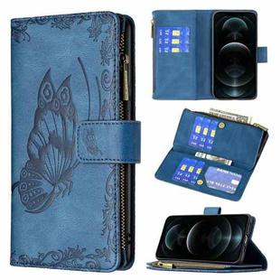 For iPhone 12 Pro Flying Butterfly Embossing Pattern Zipper Horizontal Flip Leather Case with Holder & Card Slots & Wallet(Blue)