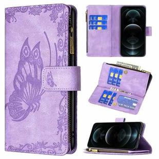 For iPhone 12 Pro Max Flying Butterfly Embossing Pattern Zipper Horizontal Flip Leather Case with Holder & Card Slots & Wallet(Purple)