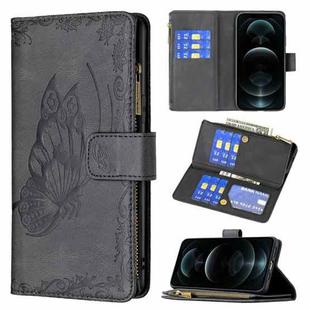 For iPhone 12 Pro Max Flying Butterfly Embossing Pattern Zipper Horizontal Flip Leather Case with Holder & Card Slots & Wallet(Black)