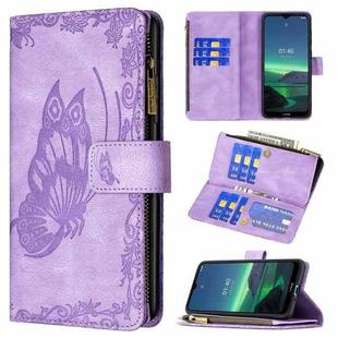 For Nokia 1.4 Flying Butterfly Embossing Pattern Zipper Horizontal Flip Leather Case with Holder & Card Slots & Wallet(Purple)