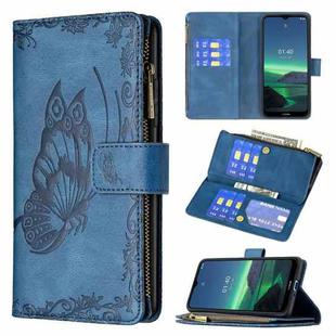 For Nokia 1.4 Flying Butterfly Embossing Pattern Zipper Horizontal Flip Leather Case with Holder & Card Slots & Wallet(Blue)