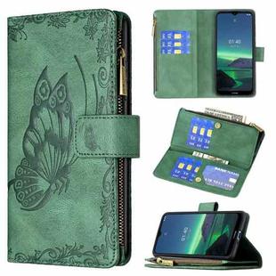 For Nokia 1.4 Flying Butterfly Embossing Pattern Zipper Horizontal Flip Leather Case with Holder & Card Slots & Wallet(Green)