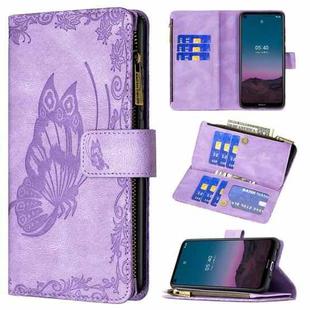For Nokia 5.4 Flying Butterfly Embossing Pattern Zipper Horizontal Flip Leather Case with Holder & Card Slots & Wallet(Purple)