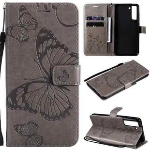 For Samsung Galaxy S21 FE Pressed Printing Butterfly Pattern Horizontal Flip PU Leather Case with Holder & Card Slots & Wallet & Lanyard(Gray)