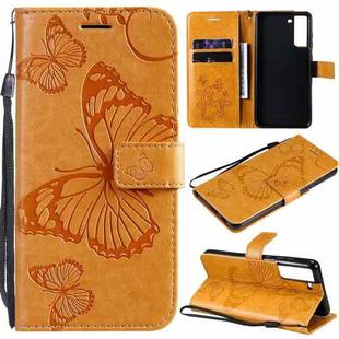 For Samsung Galaxy S21 FE Pressed Printing Butterfly Pattern Horizontal Flip PU Leather Case with Holder & Card Slots & Wallet & Lanyard(Yellow)
