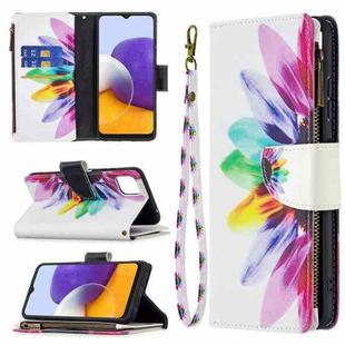 For Samsung Galaxy A22 5G Colored Drawing Pattern Zipper Horizontal Flip Leather Case with Holder & Card Slots & Wallet(Sun Flower)