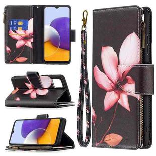 For Samsung Galaxy A22 5G Colored Drawing Pattern Zipper Horizontal Flip Leather Case with Holder & Card Slots & Wallet(Lotus)