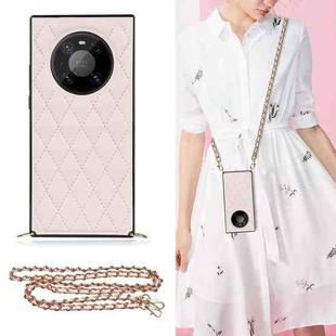 For Huawei Mate 40 Pro Elegant Rhombic Pattern Microfiber Leather +TPU Shockproof Case with Crossbody Strap Chain(Pink)