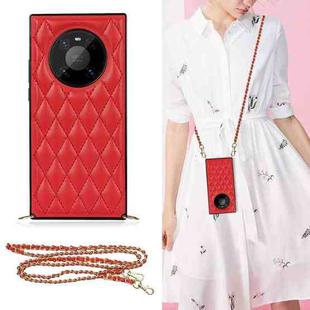 For Huawei Mate 40 Pro Elegant Rhombic Pattern Microfiber Leather +TPU Shockproof Case with Crossbody Strap Chain(Red)