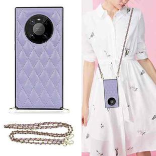 For Huawei Mate 40 Pro Elegant Rhombic Pattern Microfiber Leather +TPU Shockproof Case with Crossbody Strap Chain(Purple)