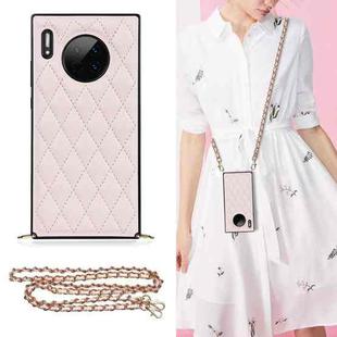 For Huawei Mate 30 Elegant Rhombic Pattern Microfiber Leather +TPU Shockproof Case with Crossbody Strap Chain(Pink)