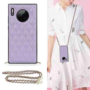 For Huawei Mate 30 Elegant Rhombic Pattern Microfiber Leather +TPU Shockproof Case with Crossbody Strap Chain(Purple)