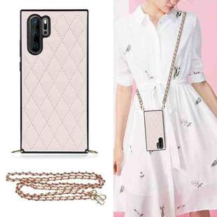 For Huawei P30 Pro Elegant Rhombic Pattern Microfiber Leather +TPU Shockproof Case with Crossbody Strap Chain(Pink)