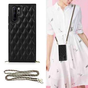 For Huawei P30 Pro Elegant Rhombic Pattern Microfiber Leather +TPU Shockproof Case with Crossbody Strap Chain(Black)