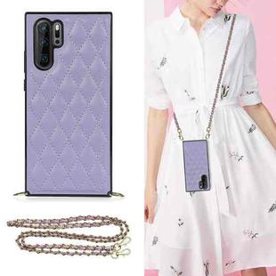 For Huawei P30 Pro Elegant Rhombic Pattern Microfiber Leather +TPU Shockproof Case with Crossbody Strap Chain(Purple)