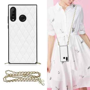 For Huawei P30 Lite Elegant Rhombic Pattern Microfiber Leather +TPU Shockproof Case with Crossbody Strap Chain(White)