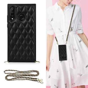 For Huawei P30 Lite Elegant Rhombic Pattern Microfiber Leather +TPU Shockproof Case with Crossbody Strap Chain(Black)