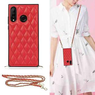 For Huawei P30 Lite Elegant Rhombic Pattern Microfiber Leather +TPU Shockproof Case with Crossbody Strap Chain(Red)