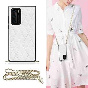 For Huawei P40 Elegant Rhombic Pattern Microfiber Leather +TPU Shockproof Case with Crossbody Strap Chain(White)